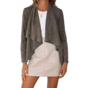 DALIA COLLECTION faux SUEDE JACKET Sz M open front waterfall crop Beige Boho EUC
